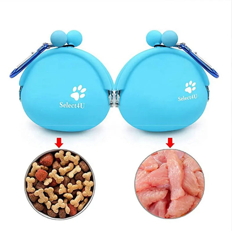 Silicone dog treat pouch with hook and loop closure in yellow, green, orange, blue, and pink for pet training