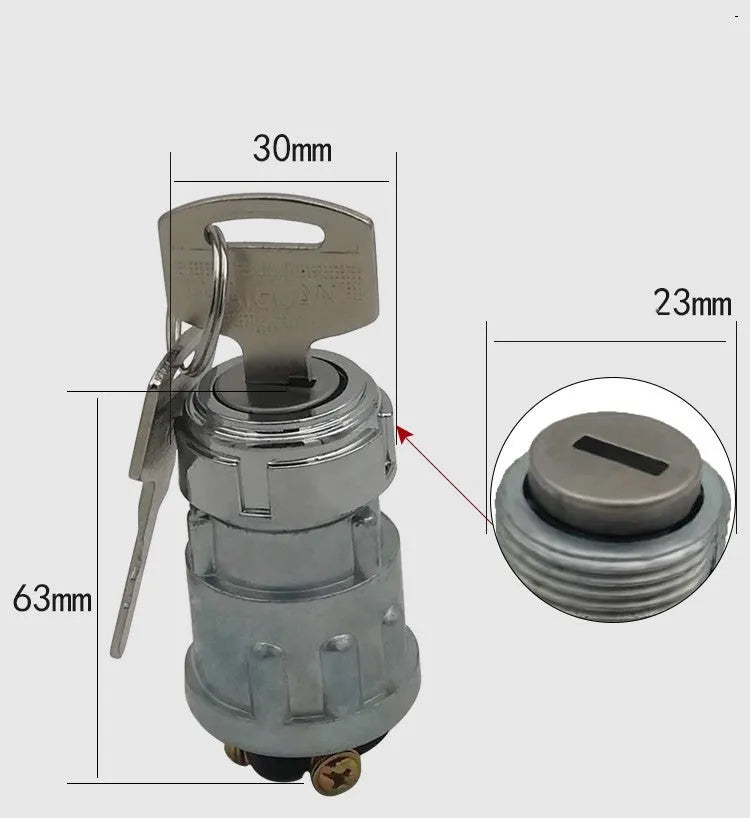 Copper ignition switch with key for trucks and forklifts, showing colour-coded key options