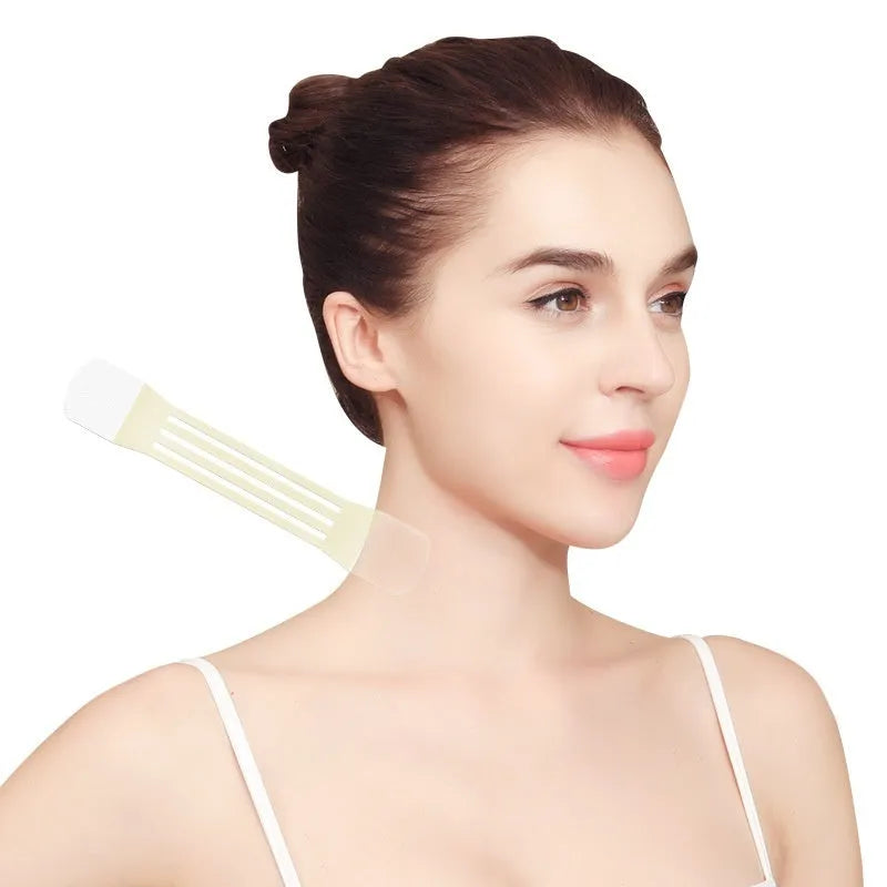 V27 skin tone neck firming tape strips and adhesive patches on packaging.