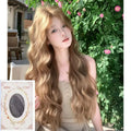 Brown linen-coloured synthetic wig with medium-length curls and included hair net