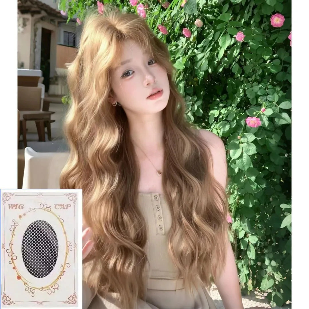 Brown linen-coloured synthetic wig with medium-length curls and included hair net