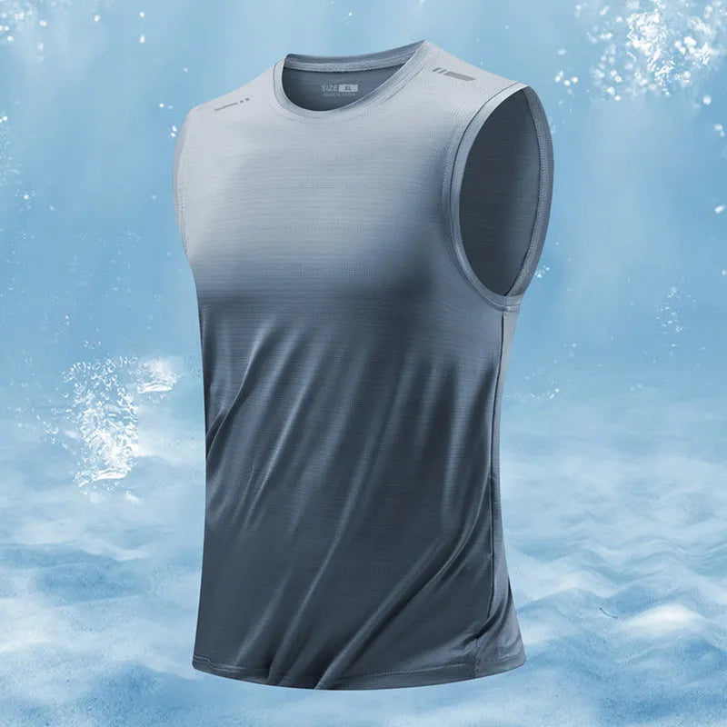 Men's loose fit sleeveless waistcoat vest in bamboo blend fabric, shown in Lake Blue colour.