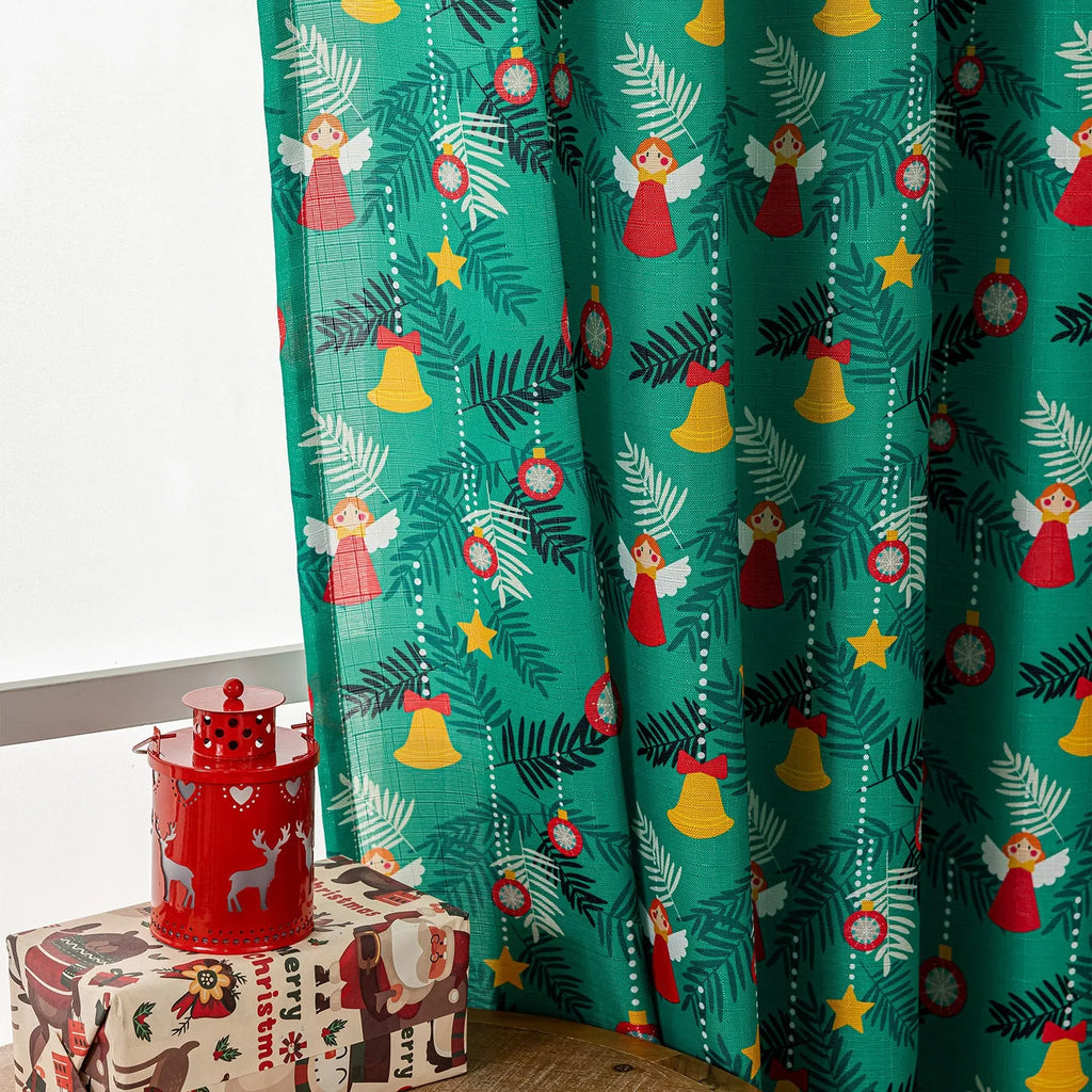 Christmas snowman angel print curtain panel in red colour with cartoon anime figures