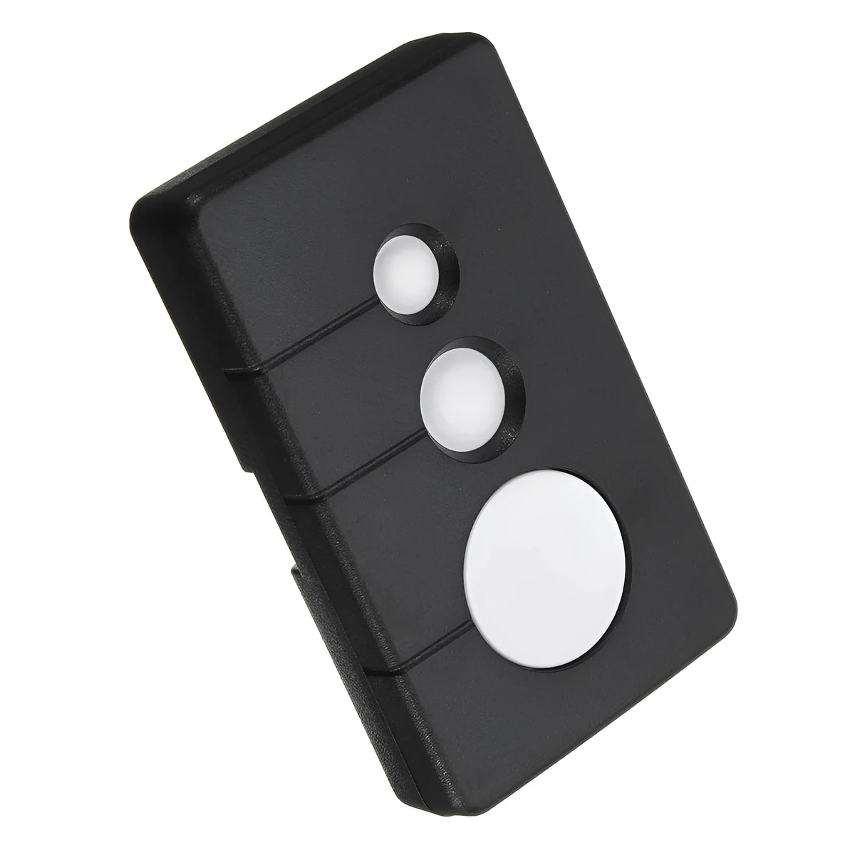 Black three-button garage door remote control with 390 MHz frequency.