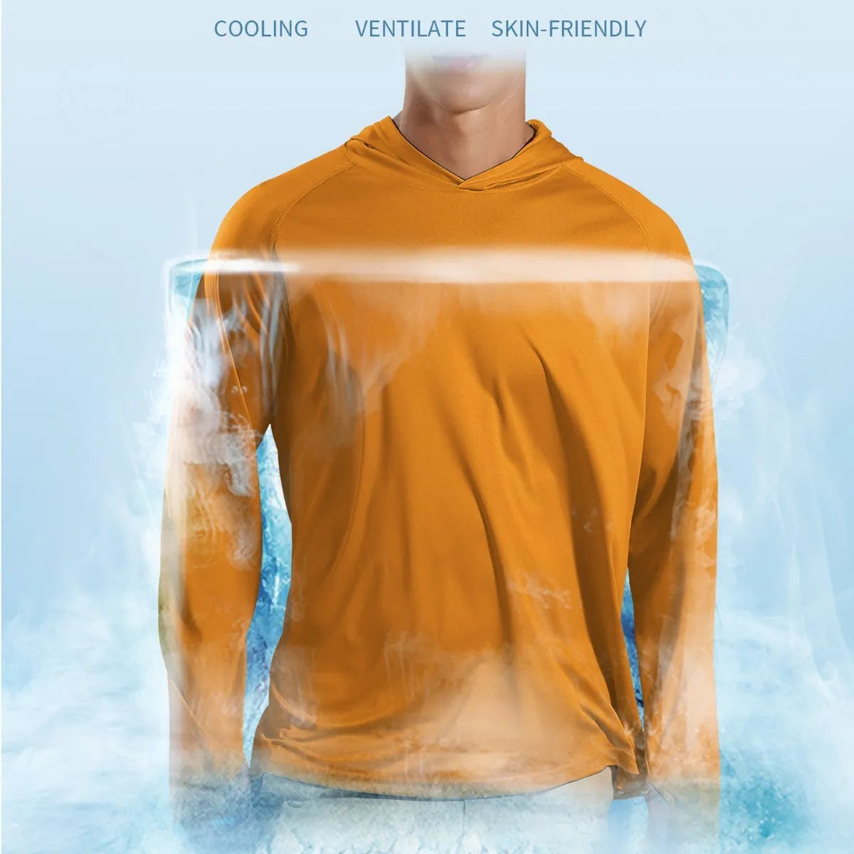 Men's long sleeve hooded top in polyester fabric for outdoor UV protection
