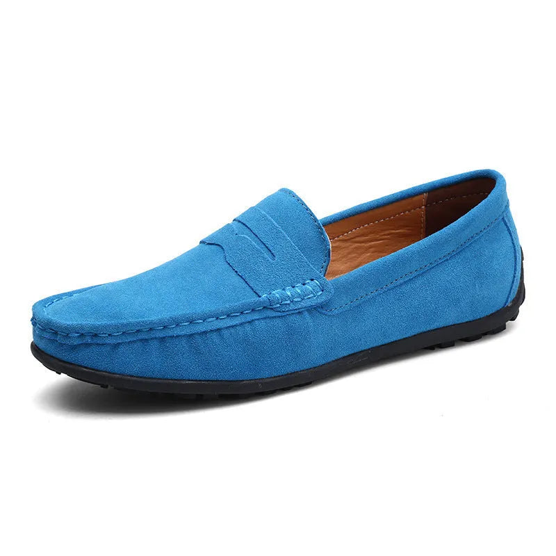 Men's suede Gommino casual shoes in brown with round toe and flat rubber sole