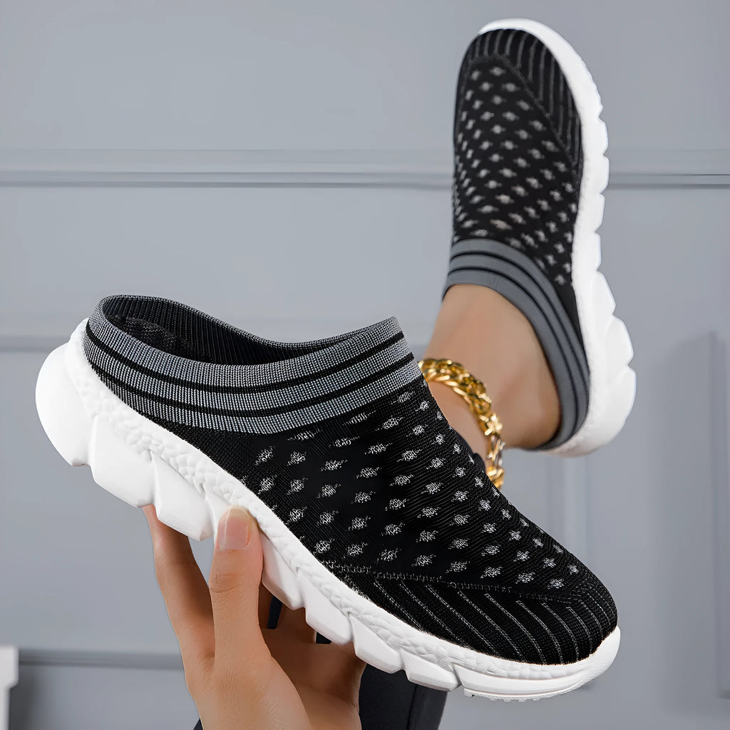 Women's Flyknit semi-slipper socks with striped pattern and height-increasing sole in black, pink and purple colours