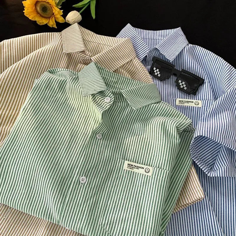 Loose plus size casual half sleeve striped shirt in blue or green colours