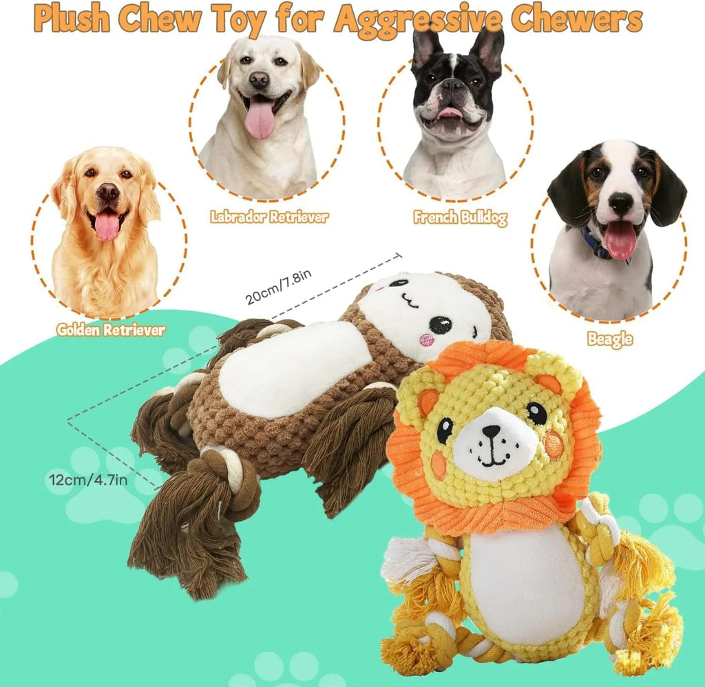 Lion and monkey stuffed squeaky dog toys plush bundle for medium large dogs