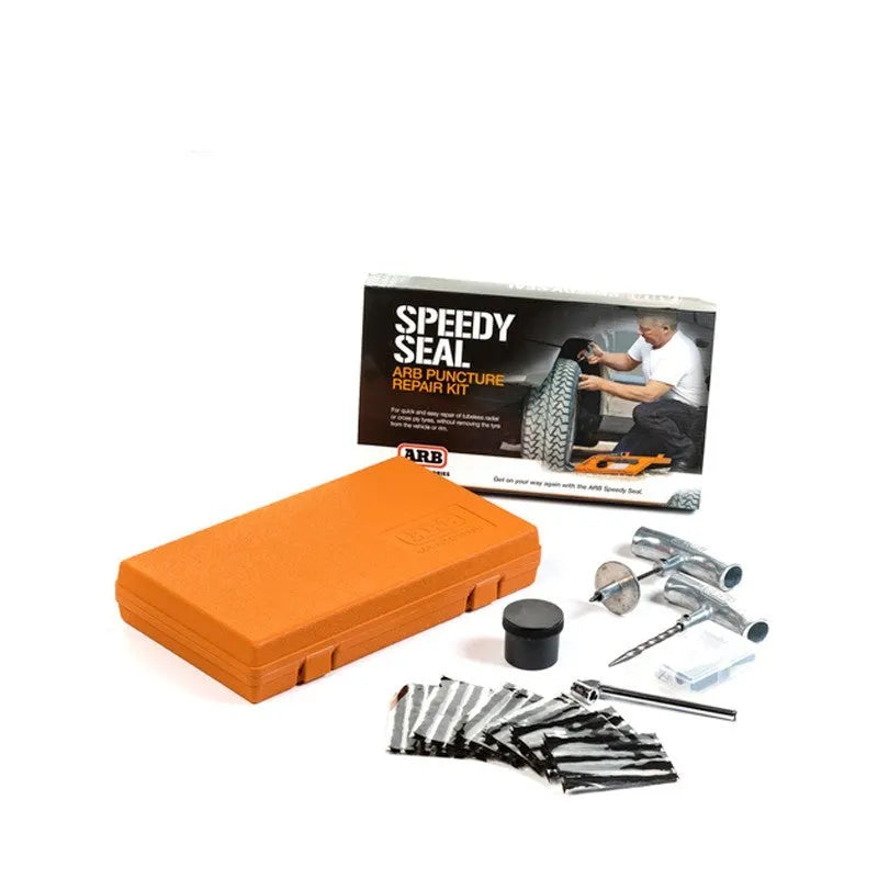 Speedy Seal emergency car tyre repair tool set in a yellow case with insertion tool, reamer, and gauge.