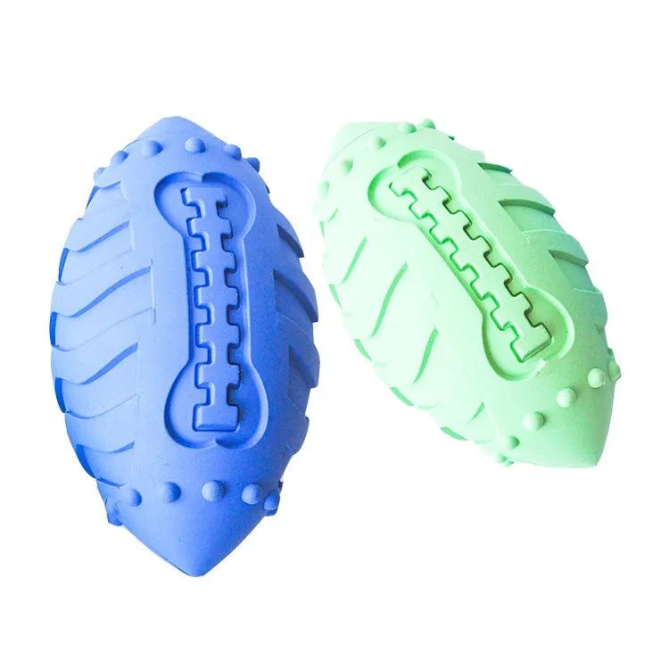 Thickened rubber rugby ball dog toy in light green or sapphire blue for interactive training