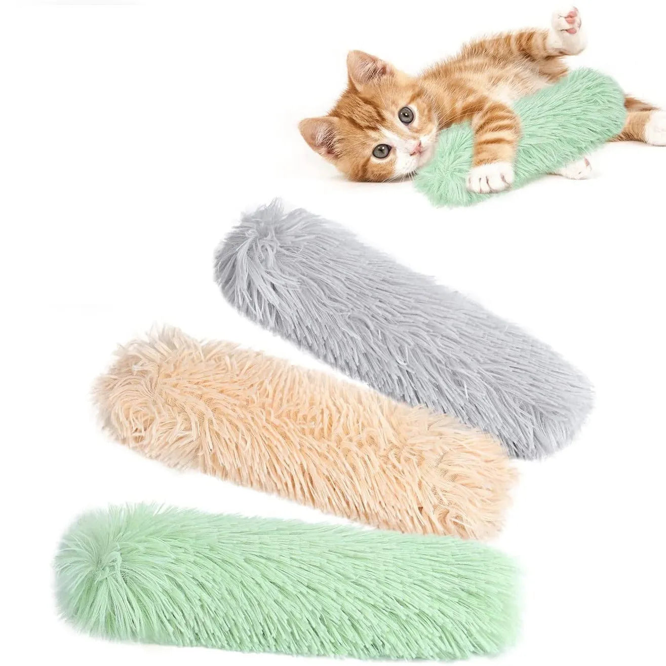 Small green plush pillow cat toy measuring 27cm by 10cm on a plain background