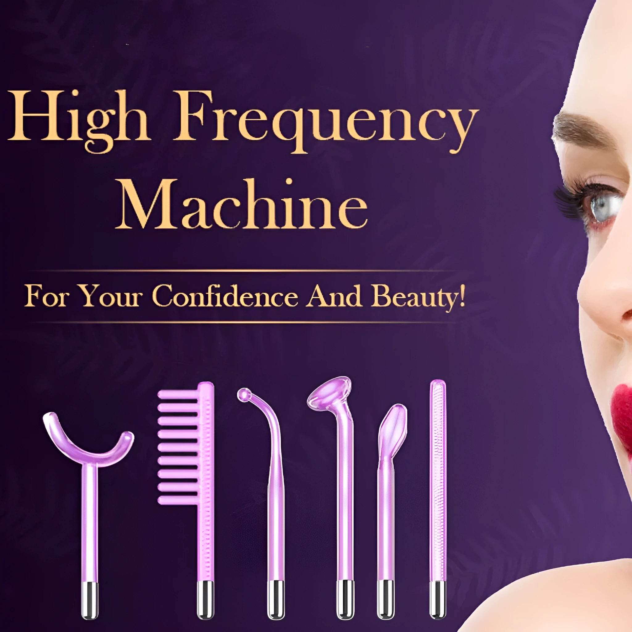 Purple high wave electrotherapy rod beauty instrument with six accessory heads for professional treatments