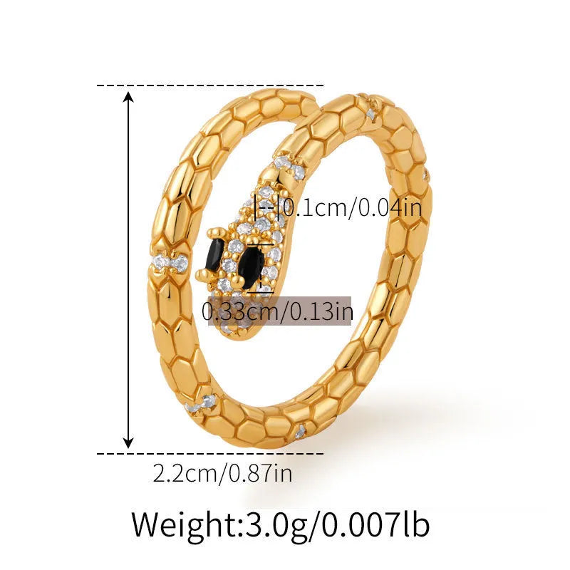 Adjustable snake-shaped copper ring with diamond treatment and 18K gold plating for index finger