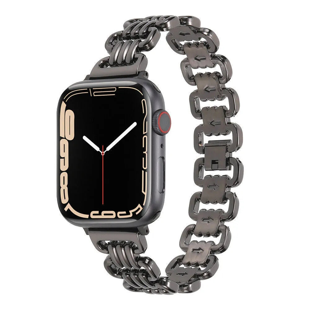 Silver alloy metal replacement bracelet for an Apple Watch, shown alongside black, gold, rose gold, and Starlight colour options.
