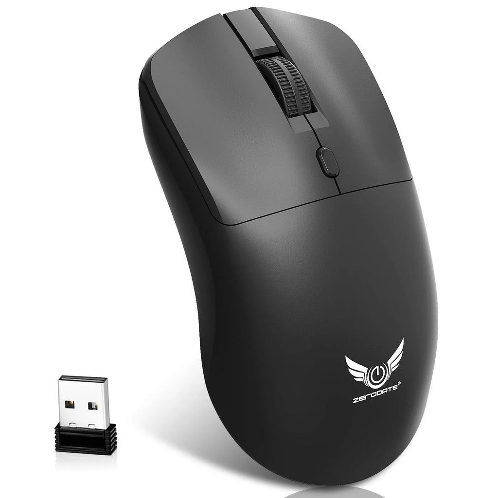 Black wireless computer mouse with three speed settings and battery compartment