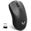 Black wireless computer mouse with three speed settings and battery compartment