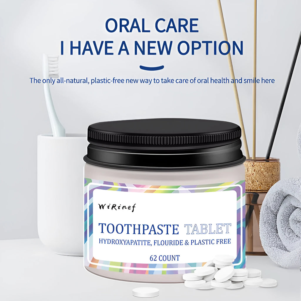 Portable toothpaste tablets in TP19 solid formulation, 62 pieces for travel dental hygiene