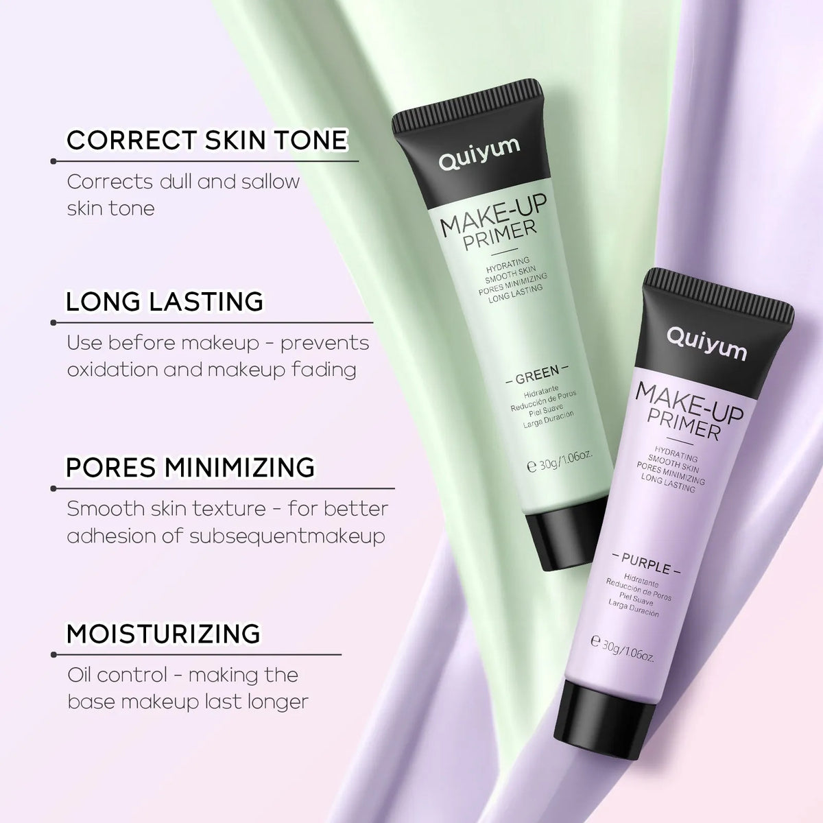 30g colour-correcting make-up primer in green, pink, and purple shades with colour box packaging