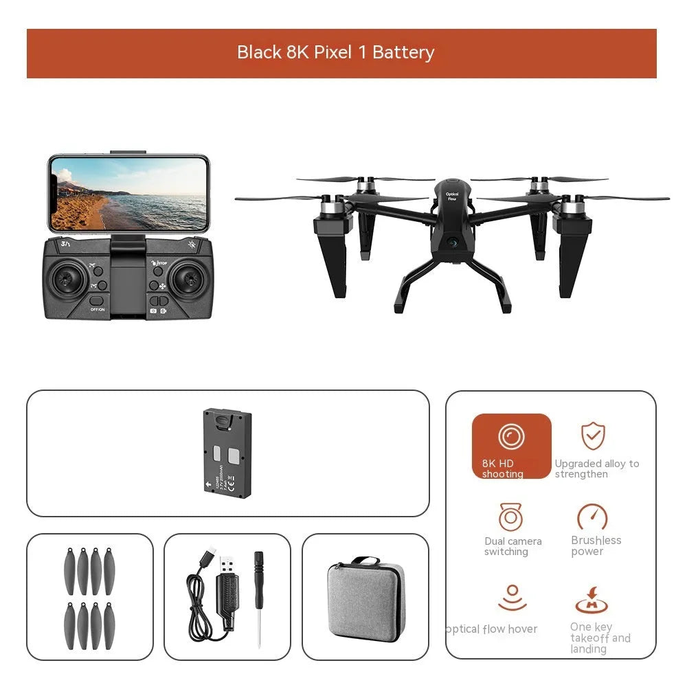 KS66 alloy UAV drone with remote controller, shown in optional white or black with camera, spare propellers, and storage bag.