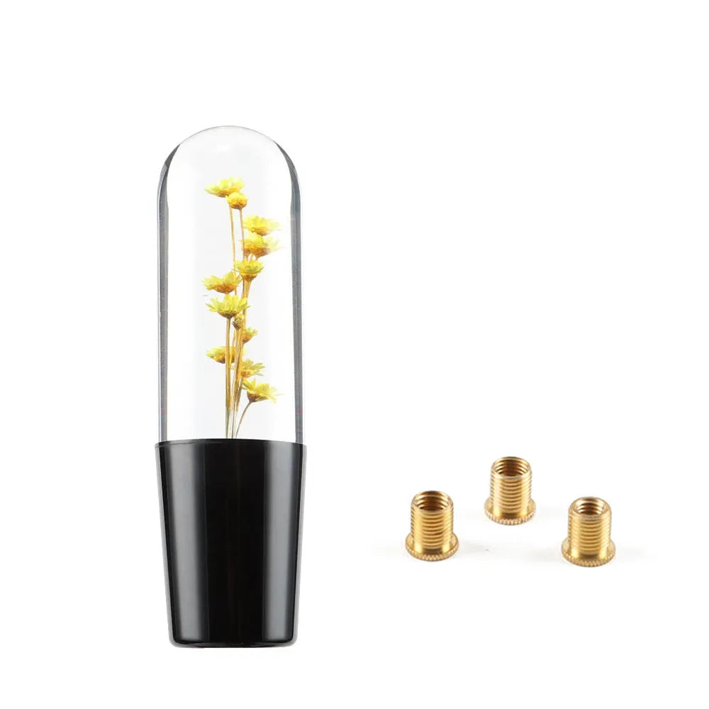 15cm transparent crystal car gear head with water flower design, shown with three metal adapters.