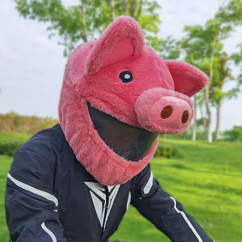 Pink cartoon pig design plush protective hood for motorcycle helmets