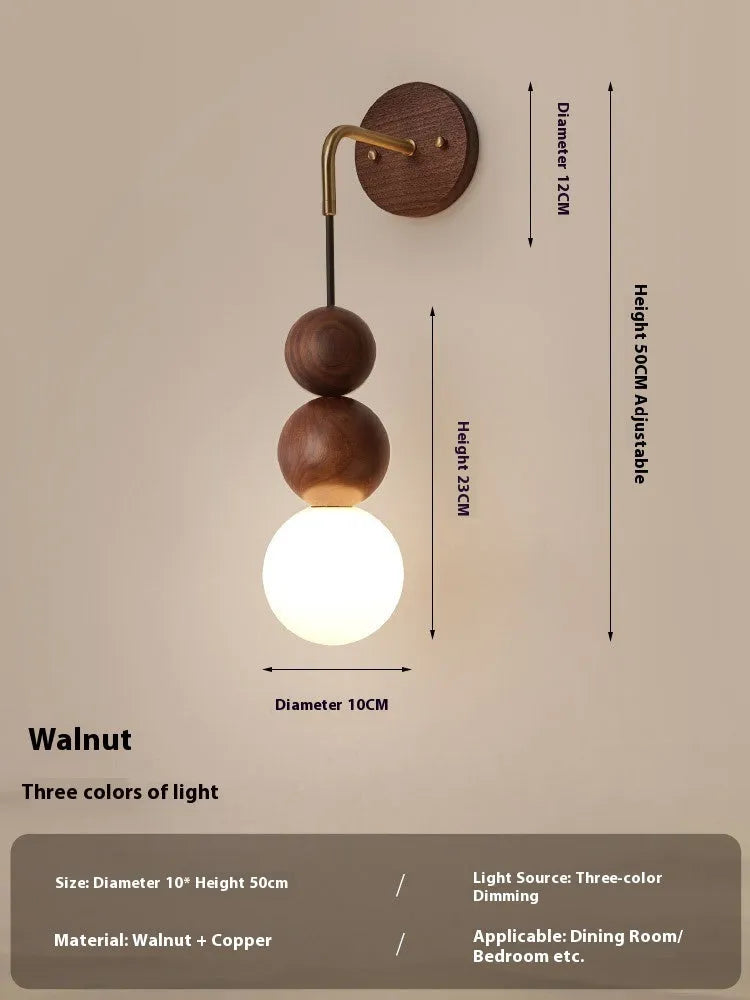 Wood and copper wall lamp with circular shade for living room or bedroom lighting