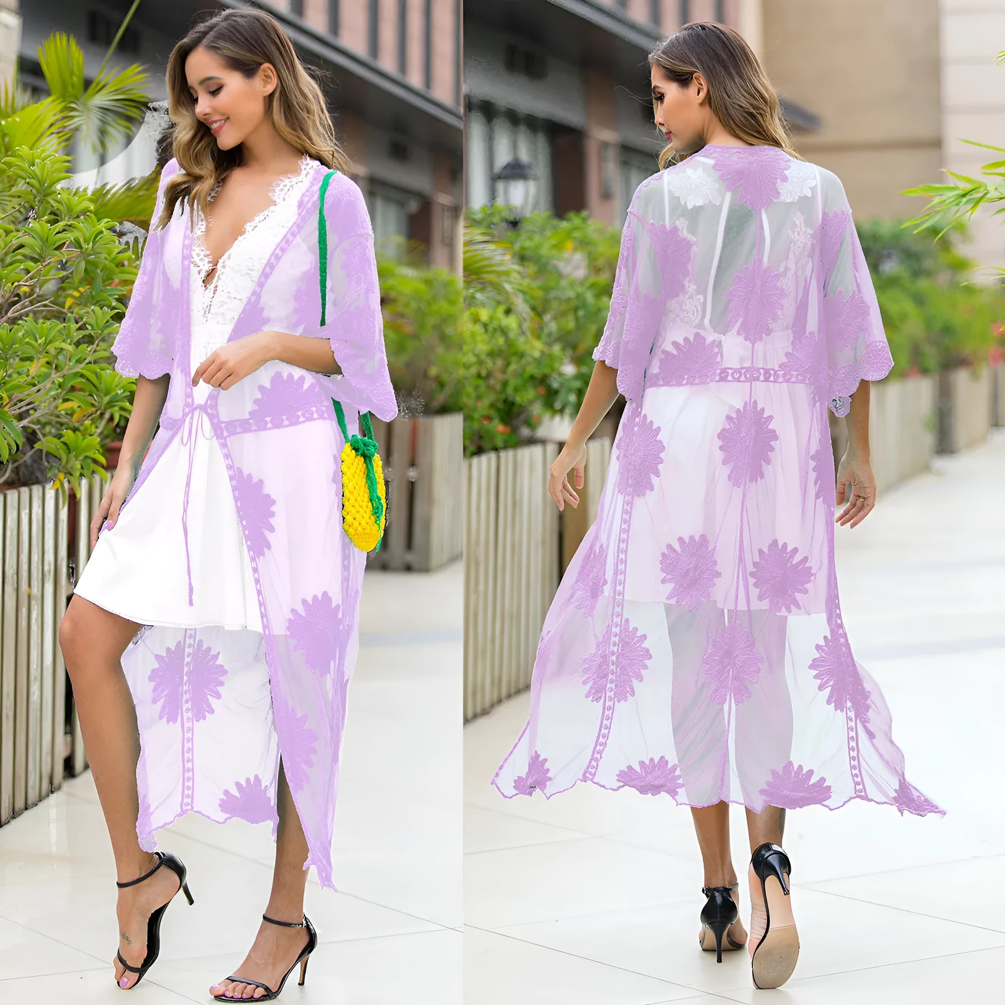 Light purple beach cardigan dress with lace embroidery detail for women's swim cover-up