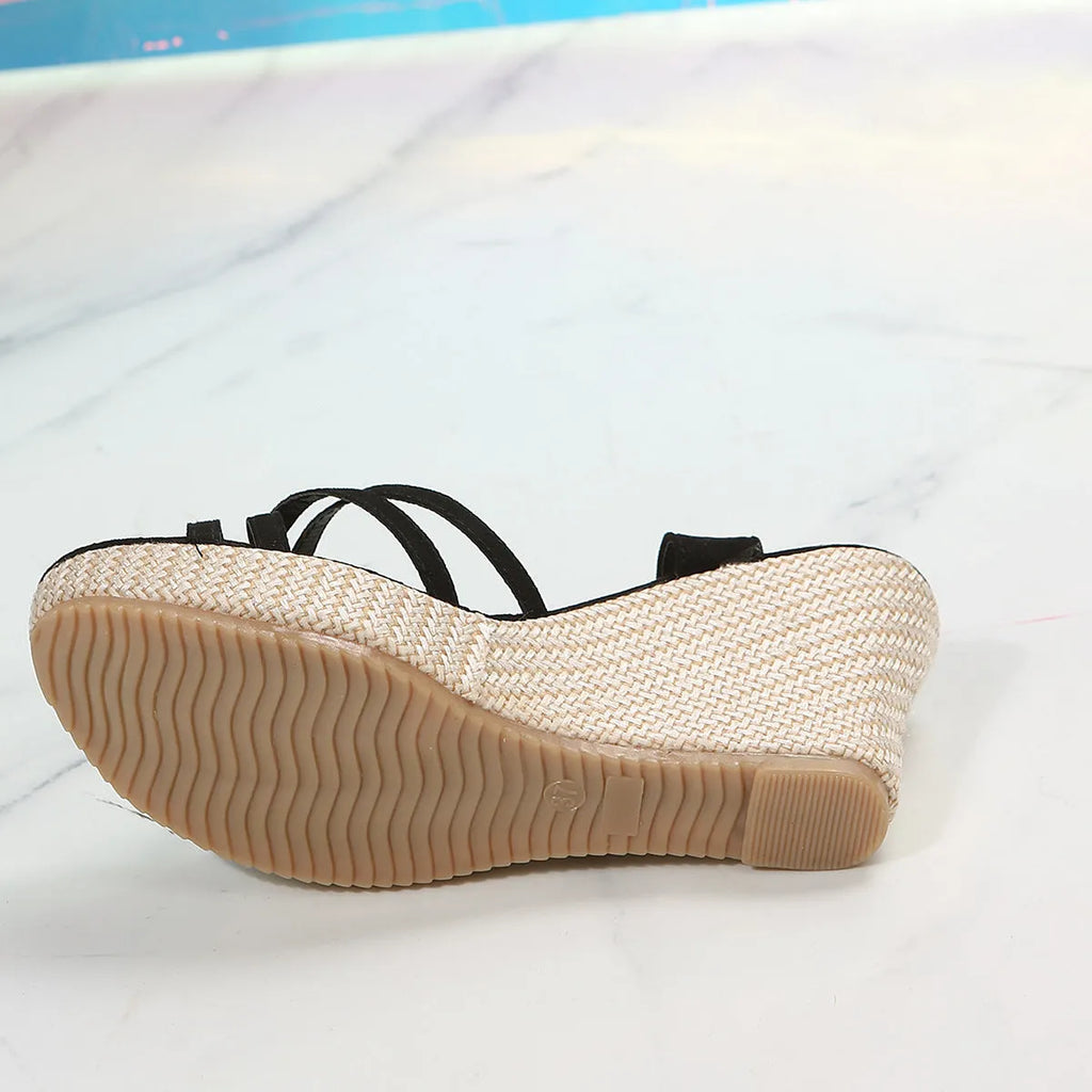 Women's black wedge sandals with fish mouth toe design and cloth upper material