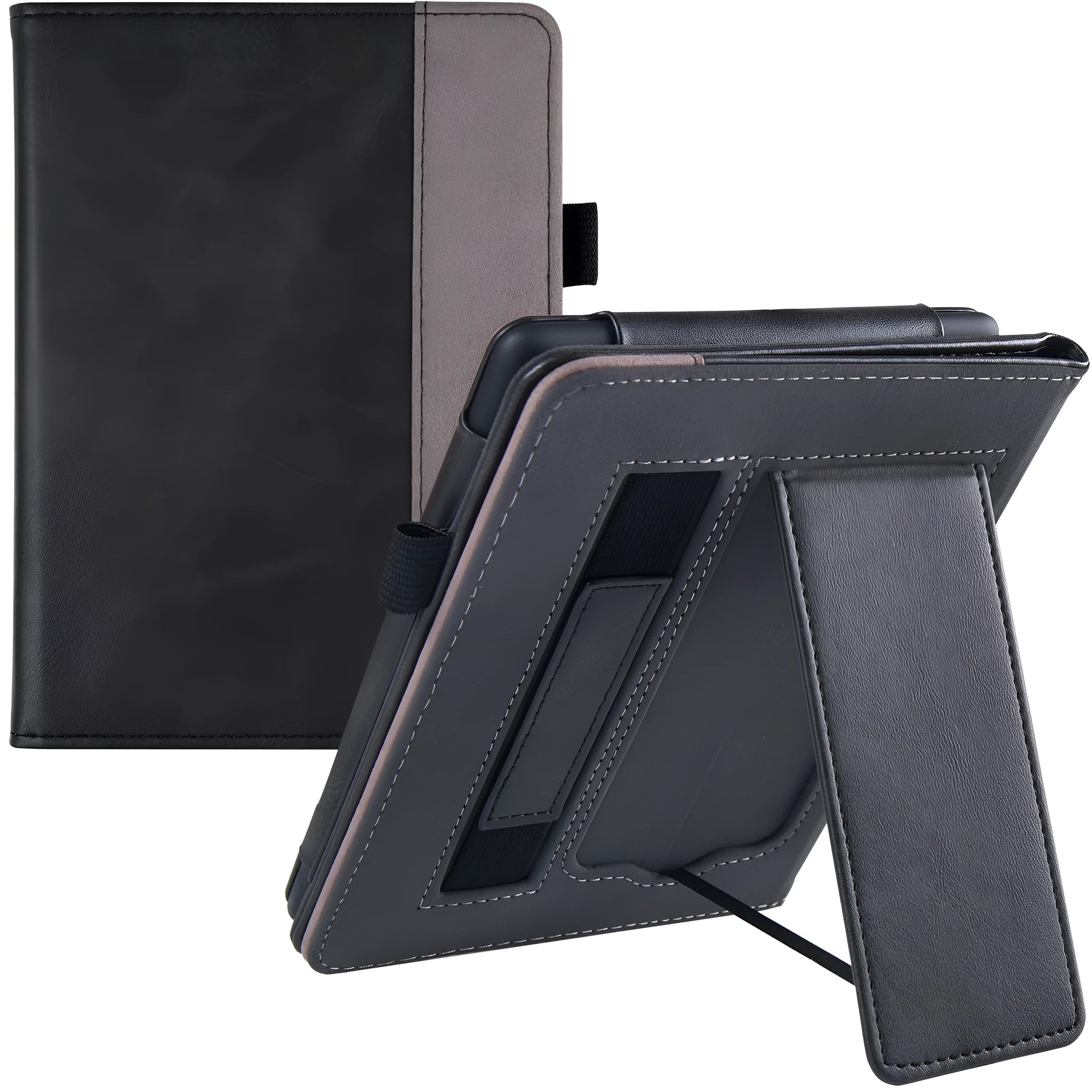 Kindle Paperwhite leather case with wrist splint bracket attached, showing calf leather exterior and microfiber interior