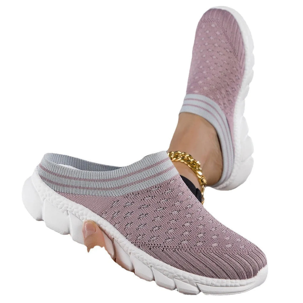 Women's Flyknit semi-slipper socks with striped pattern and height-increasing sole in black, pink and purple colours