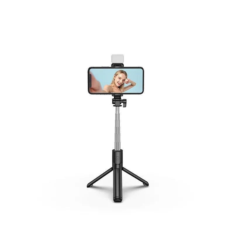 Aluminium Bluetooth selfie stick and tripod with phone holder in black, extended for use.