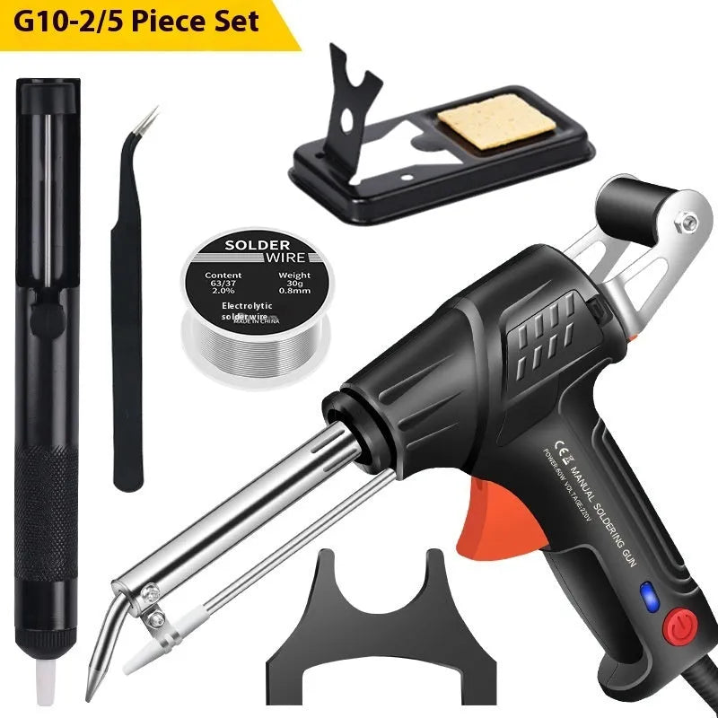 Black G102 soldering gun with LED light, part of a five-piece tool kit on a workbench