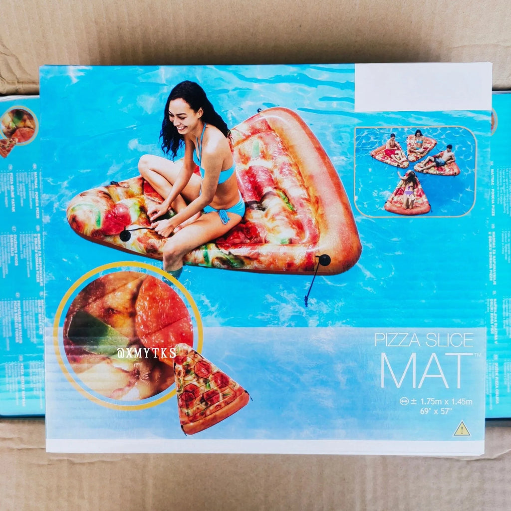 Large inflatable pizza-themed surfboard recliner floating on water, showing its 175cm length.