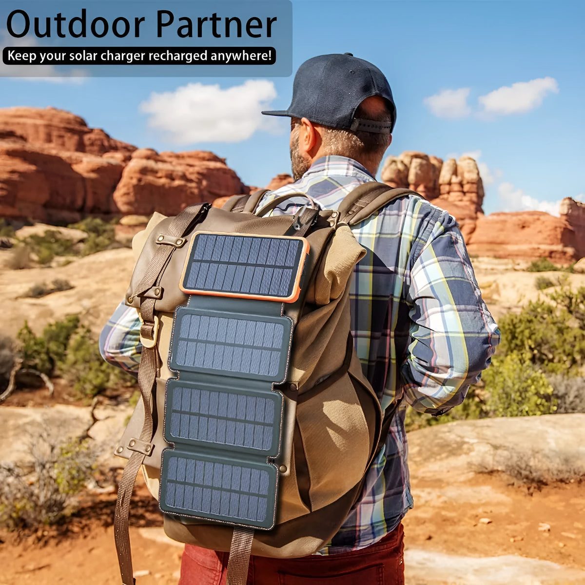 Black solar power bank with solar panel on front, LED light, and soft leather exterior.