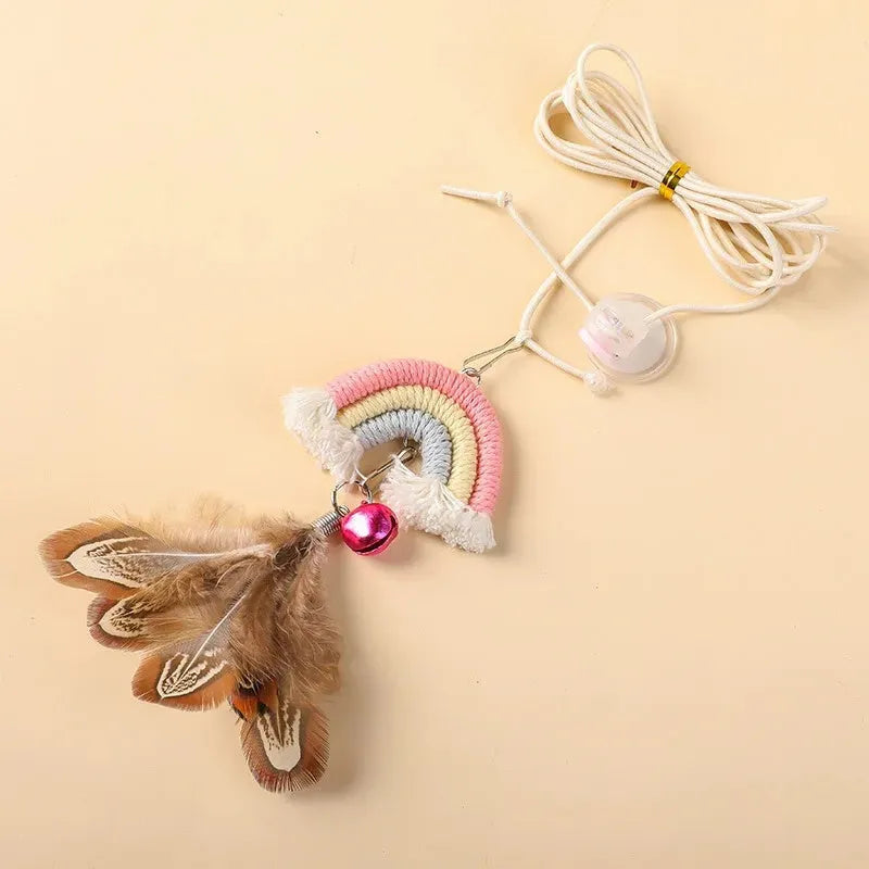 Feather cat rope toy with elastic door swing and sticky buckle clamp in blue colour