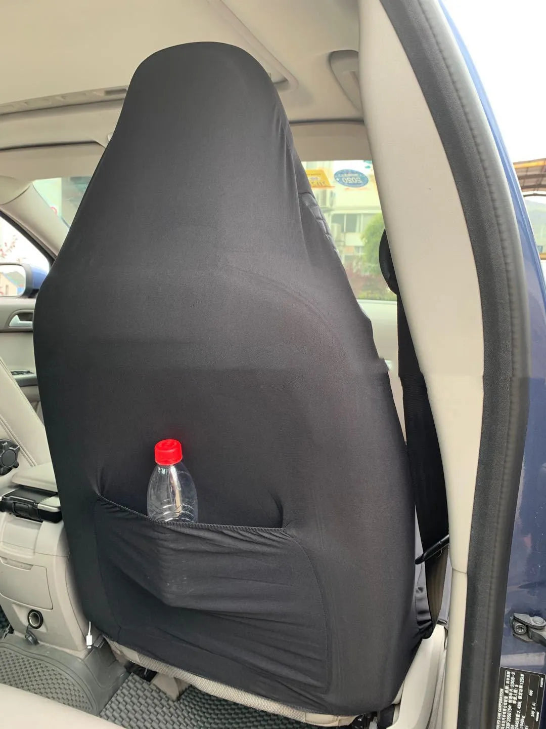 Black quilted PU and polyester automotive seat cover for general purpose car seats with plastic hooks