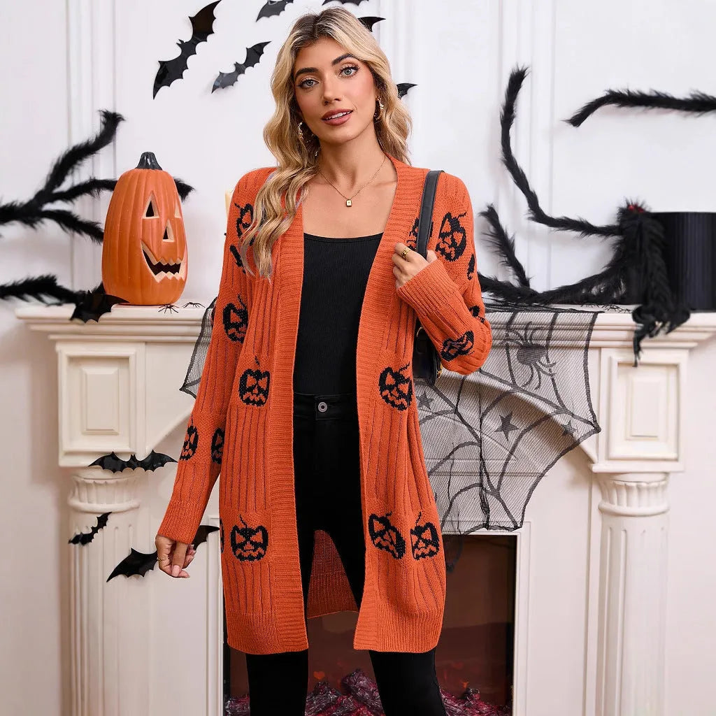 Women's black Halloween cardigan with orange pumpkin head jacquard pattern, regular sleeves, straight cut