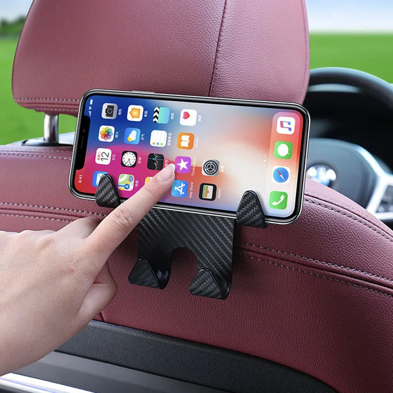 Black ABS plastic car seat back hook with integrated mobile phone holder bracket