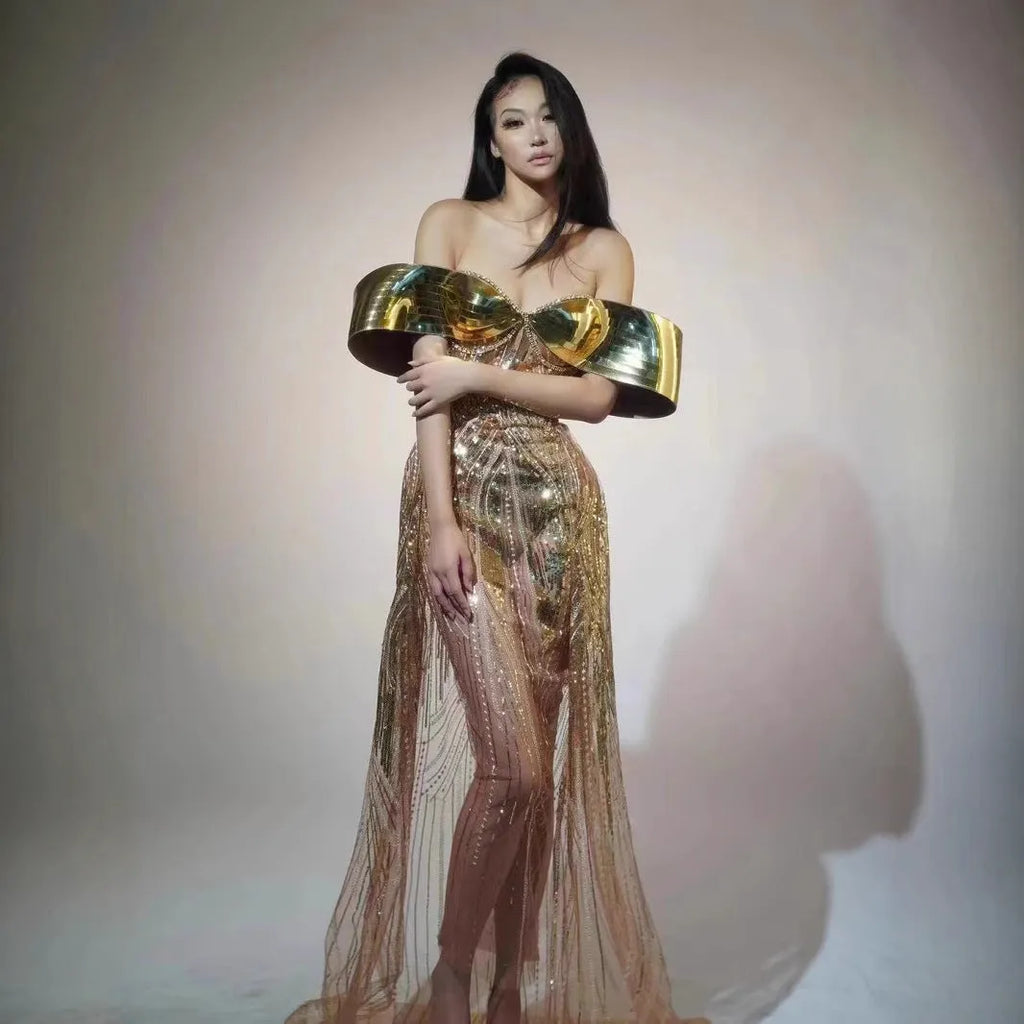 Gold strapless sequin evening dress with thigh-high split and floor-length silhouette