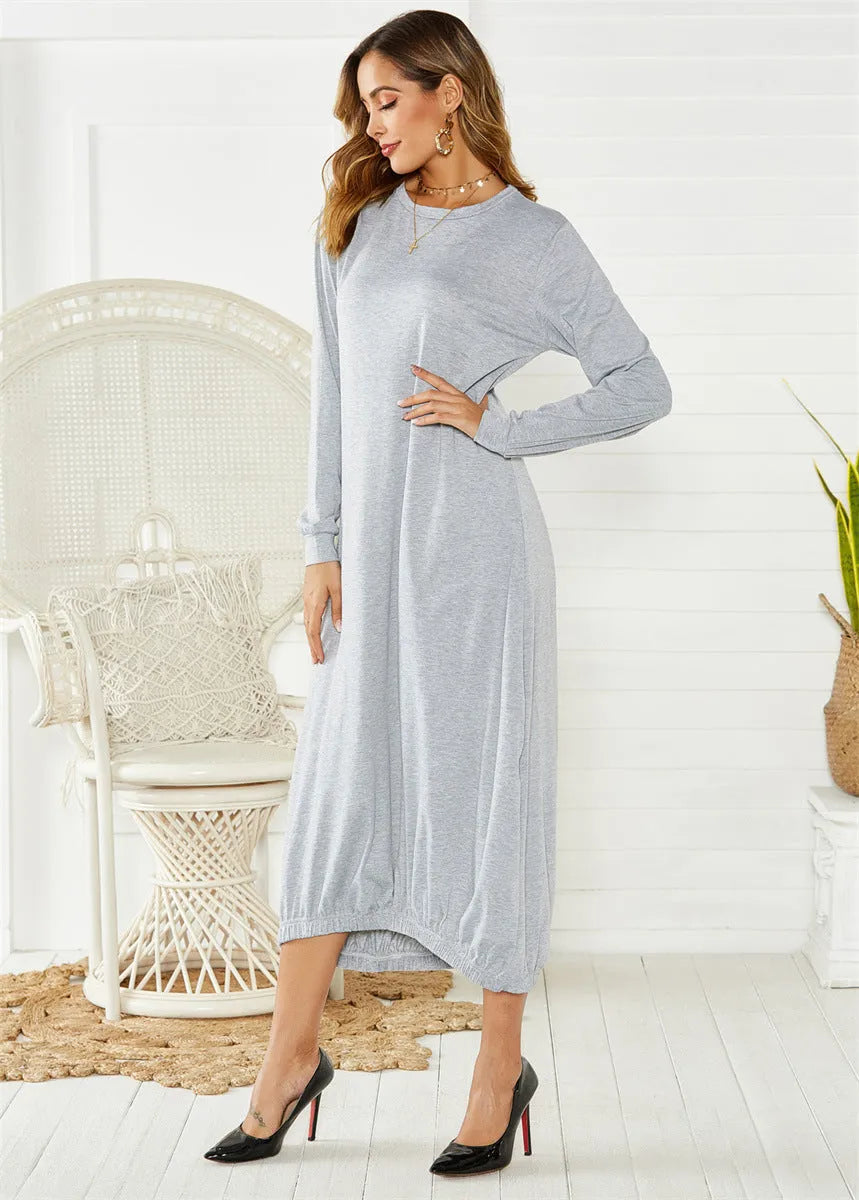 Black and grey lace-up crew neck loose long lantern dress made of knitted polyester in Japanese casual style