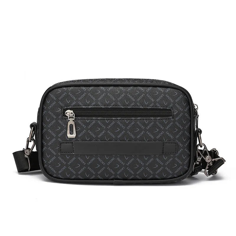 Men's black horizontal messenger bag with geometric pattern and shoulder strap