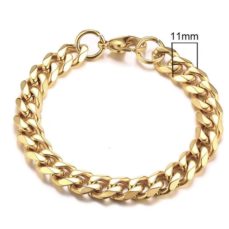 Six-sided geometric Cuban link chain bracelet in metal, shown in gold, black, and steel colour finishes.