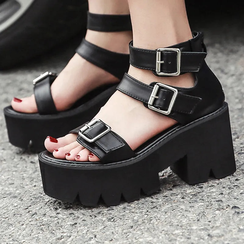 Black punk Harajuku style women's sandals with a chunky platform heel, round toe, buckle, and back zipper.