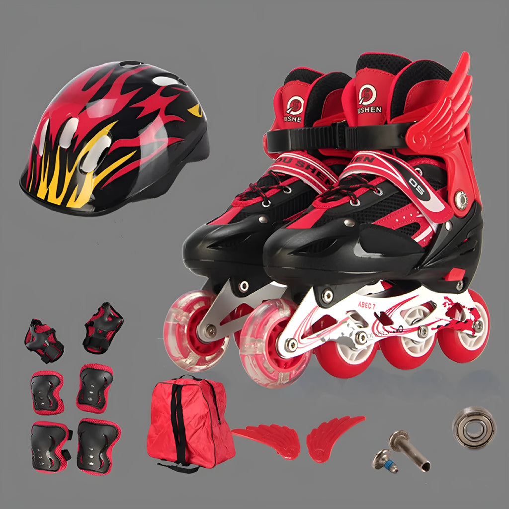 Children's adjustable PU skating shoes with aluminium frame and complete protective gear set in various colours