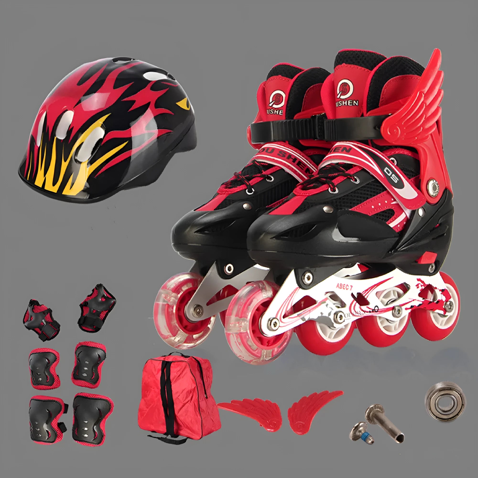 Children's adjustable PU skating shoes with aluminium frame and complete protective gear set in various colours
