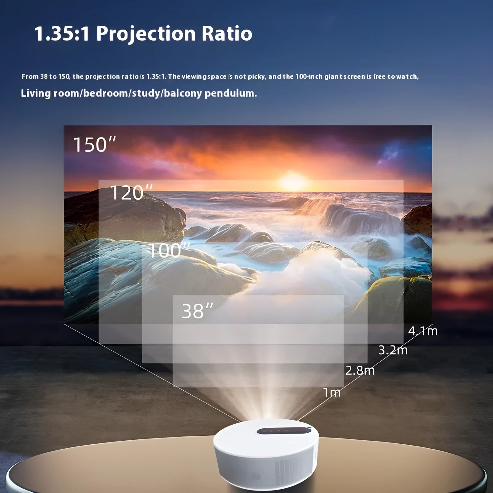 White HD home theatre projector with remote control on dark background