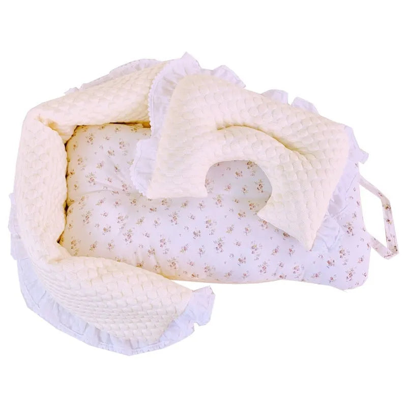 Pure cotton pet stroller cushion set with removable towel, pillow, and floral patterned cover