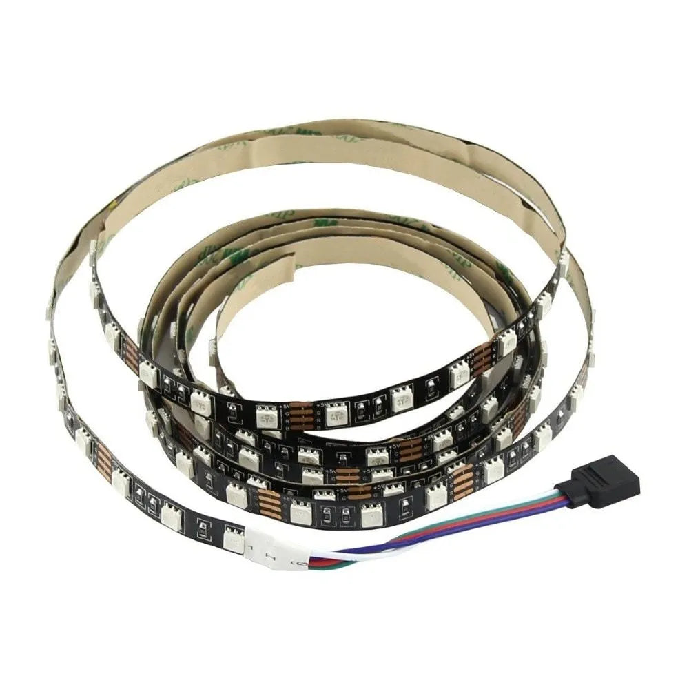 White flexible USB LED light strip showing SMD5050 LEDs, coiled next to its USB plug.