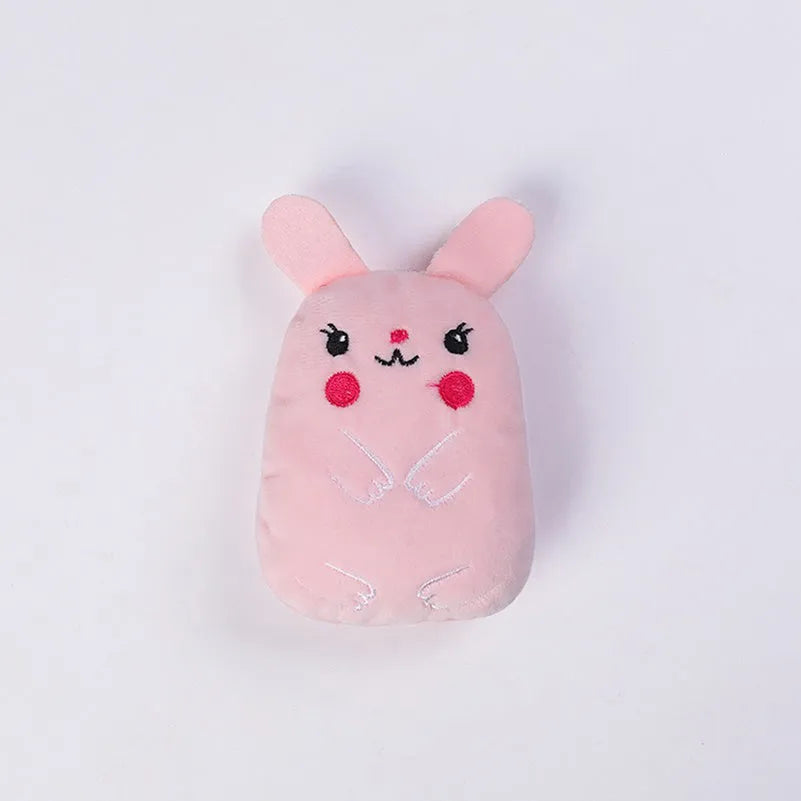 Small plush cat toy with catnip for teeth grinding and chewing play, measuring 11cm long in various animal designs and colours